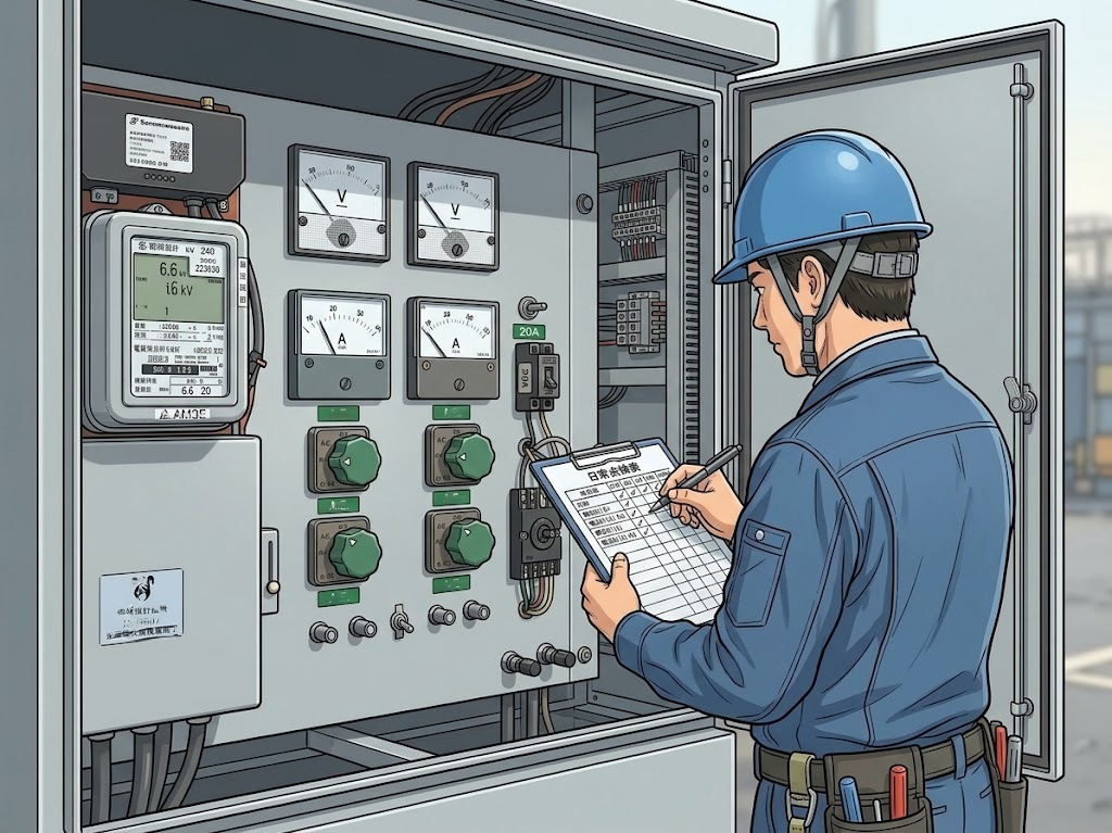 キュービクル内で電圧計、電流計の数値を記録する。